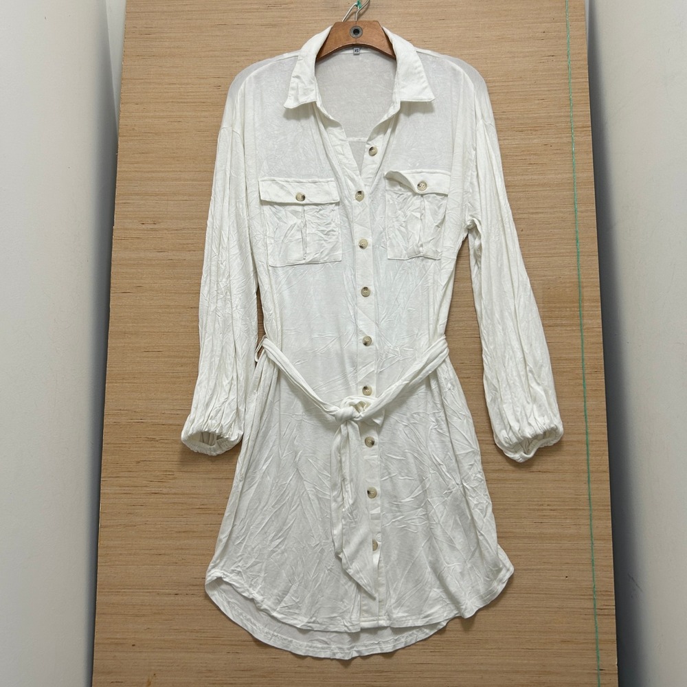Sabo Skirt White Button Down‎ Mini Shirt Dress Long Sleeve Belted XS 5909